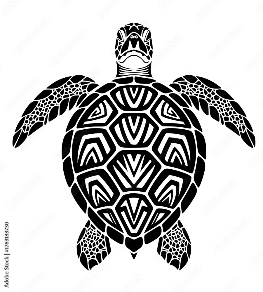 Fototapeta premium Detailed black and white illustration of a sea turtle with intricate tribal patterns on its shell and flippers swimming gracefully