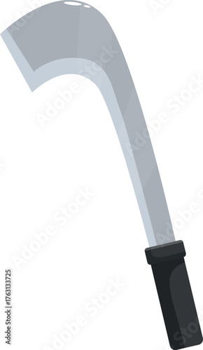 Sharp billhook featuring a curved blade and black handle, ideal for agricultural tasks, gardening, and pruning