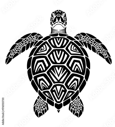 Detailed black and white illustration of a sea turtle with intricate tribal patterns on its shell and flippers swimming gracefully