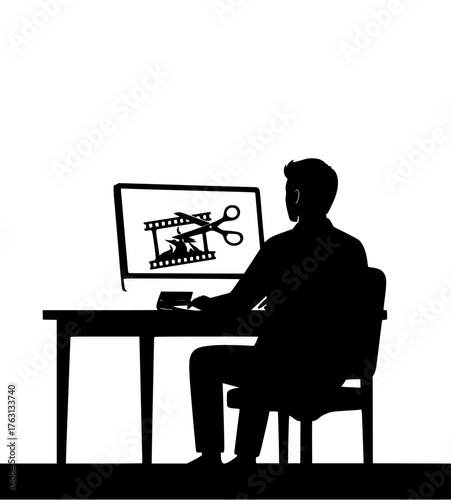 Silhouette of a person sitting at a desk editing video on a computer screen with scissors and film reel icon