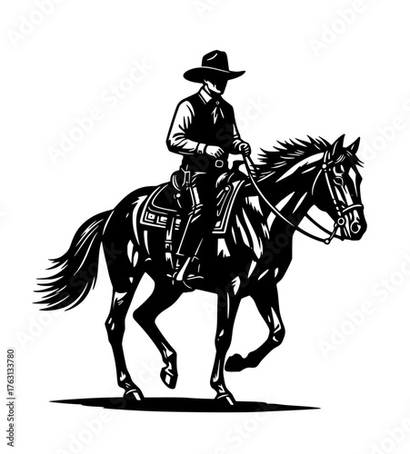 Wallpaper Mural A detailed black and white illustration of a cowboy on horseback in a classic western riding pose Torontodigital.ca
