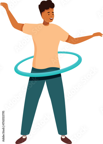 Happy man doing hula hooping exercise, having fun and burning calories