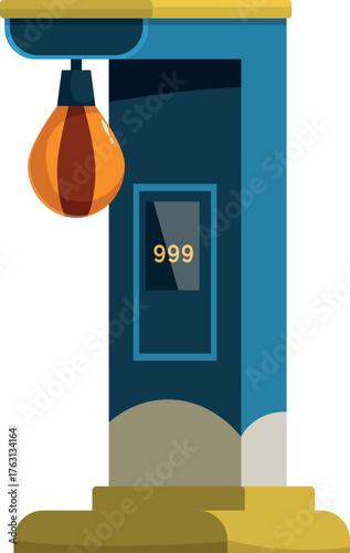 Punching machine showing high score on digital display, featuring hanging bag for testing strength in amusement park or gym