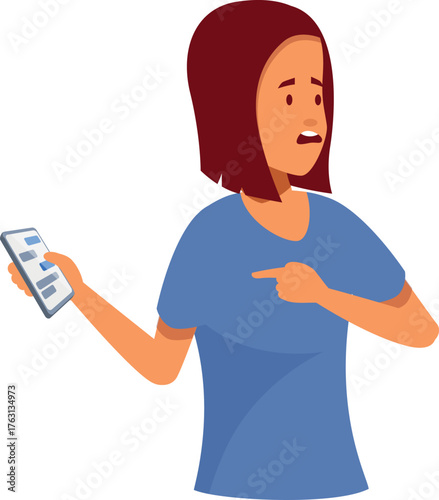 Young woman holding smartphone and pointing at herself with questioning facial expression