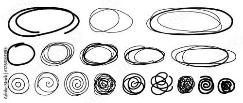 Collection of Hand-Drawn Scribbled Circles and Ovals on White Background