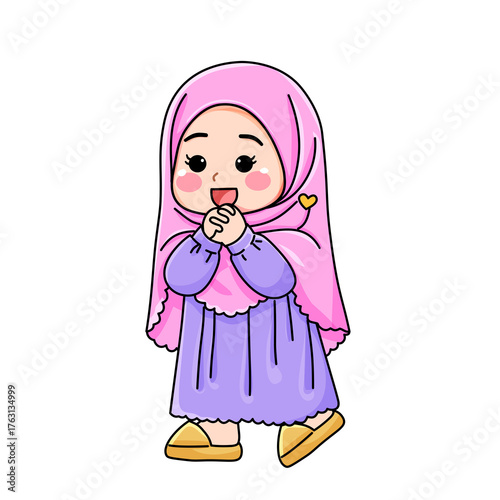 Cute Animated Girl in Hijab, Pink Headscarf, Purple Dress, Expressing Happiness.