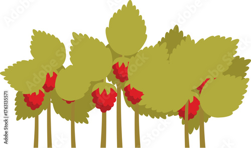 Illustration of wild strawberry plants growing in the forest, showing ripe red berries and green leaves