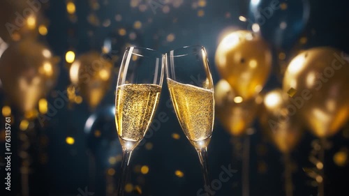 Champagne toast with balloons and confetti for festive celebration