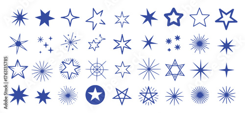 Collection of Blue Star Icons and Symbols on White Background