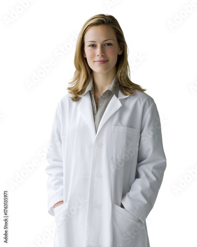 Female doctor in white lab coat smiling cut out