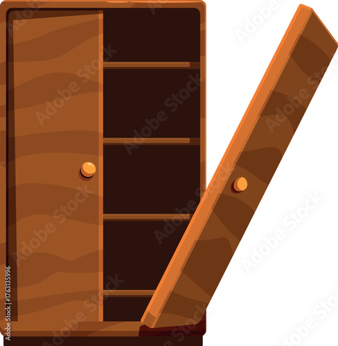 Open wooden cabinet showcasing empty shelves and drawers, ideal for storage organization and interior design concepts
