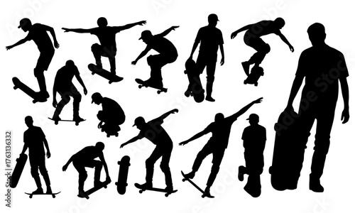 Silhouette collection of skateboarders performing various tricks