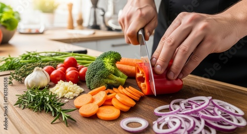 A person is cutting vegetables on a wooden board in a bright kitchen setting