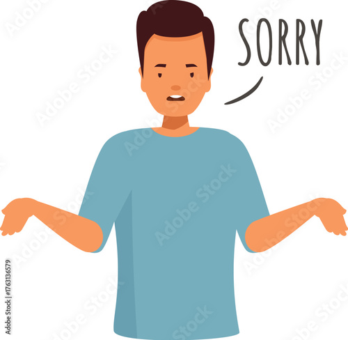 Confused young man shrugging shoulders and apologizing, expressing regret and asking for forgiveness
