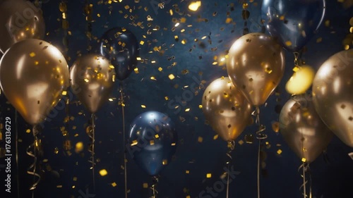 Holiday background with golden and blue balloons falling confetti