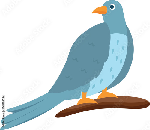 Cartoon blue pigeon standing on a branch, wildlife birdwatching and ornithology concept