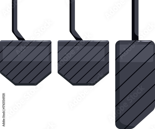 Car pedals showing brake, clutch and accelerator pedals, isolated on white background