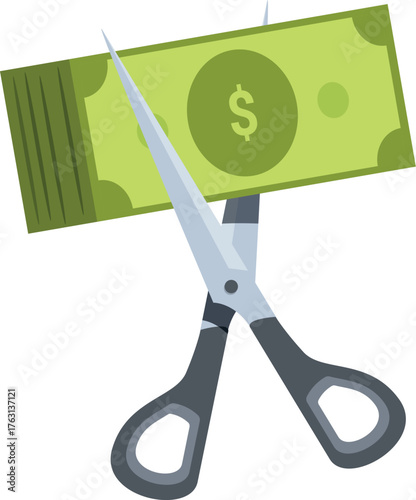 Scissors cutting a dollar banknote representing cost reduction, inflation or financial crisis