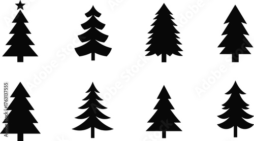 Vector collection of pine and Christmas tree silhouettes, black conifer icons for winter forest, holiday, and nature design projects