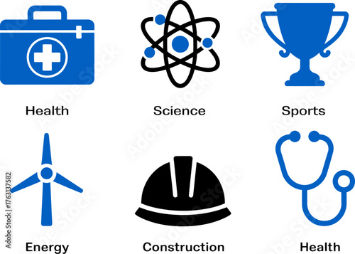Collection of vector icons representing various fields including health science sports energy and construction simple flat design for web and mobile applications on transparent background