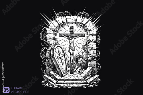 Jesus Christ on the cross with coffin and stone archway.