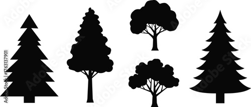 Set of pine and deciduous tree silhouettes, black vector forest elements for eco design, nature projects, and landscape illustration