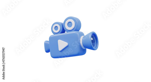 Blue 3d vintage movie camera with play button isolated on transparent background