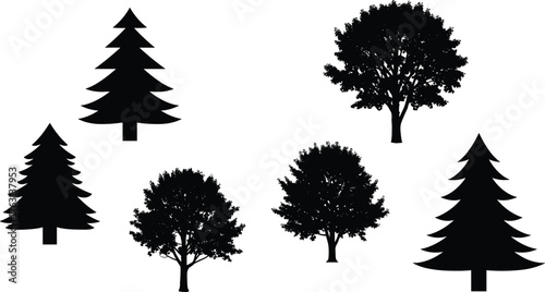 Black silhouette collection of trees, pine and deciduous tree vector illustration for nature design, forest and landscape art