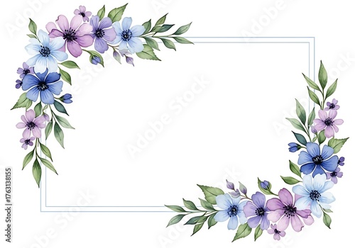 Floral Frame Watercolor Design with Blue and Purple Flowers.