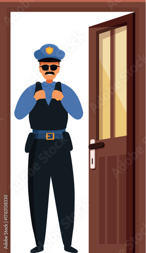 Police officer adjusting bulletproof vest while standing at open doorway, embodying safety, duty, and community protection