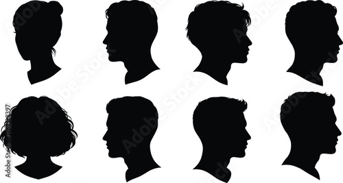 Silhouette profiles of men and women, black shadow head side view, vector illustration of human faces, isolated portrait collection