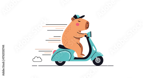 Playful capybara zipping around on a blue scooter, perfect for kids' designs or lighthearted projects with a touch of fun