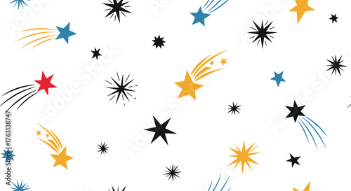 Dreamy star pattern for kids' products and celestial designs, colorful shooting stars on white background create fun vibe