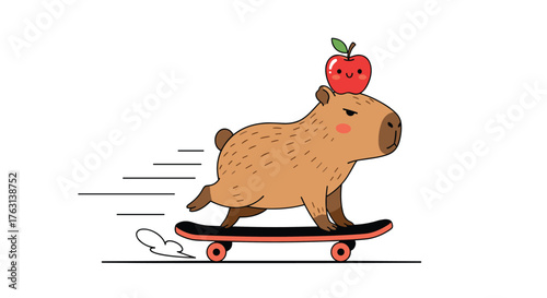 Adorable capybara riding skateboard with a cute apple on its head, perfect for children's books and playful designs