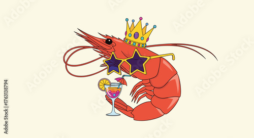 Cheerful shrimp king enjoys tropical cocktail wearing star sunglasses and crown, summer fun illustration