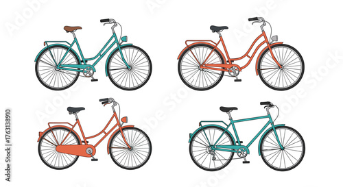 Charming vintage bicycles in vibrant teal and coral hues, perfect for retro designs and transportation themes