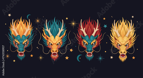 Vibrant Chinese dragons in gold, blue, and red create a stunning, mystical lunar new year celebration atmosphere