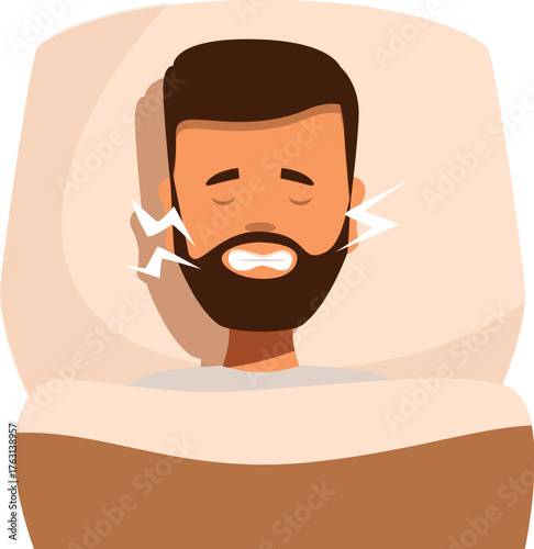 Man suffering from bruxism, grinding teeth while sleeping in bed, teeth gnashing, sleep disorder concept