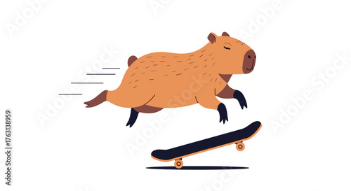 Adorable capybara skateboarding with speed lines for a fun, whimsical design - perfect for kids' products and playful branding