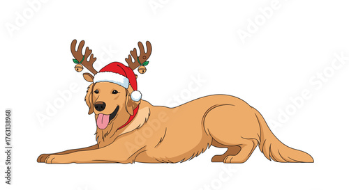 Adorable cartoon golden retriever wearing reindeer antlers and Santa hat, ready for festive holiday Christmas cheer