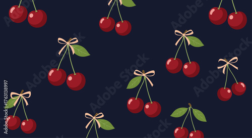 Charming cherry pattern with delicate ribbons perfect for vibrant summer designs and playful backgrounds with fresh vibes