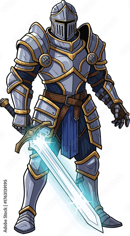 Fototapeta premium Epic Knight in Shining Armor Holding Glowing Sword - Fantasy Warrior Illustration