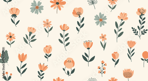 Charming floral pattern with peach and blue flowers on a cream background for a fresh spring design look