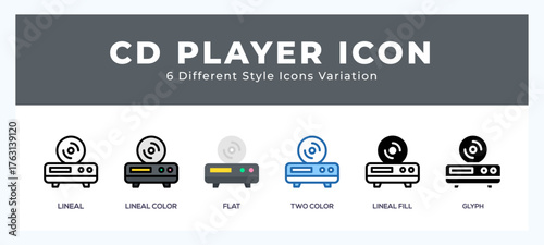 Cd player icon symbol set. outline. glyph black. flat color and filled line color.