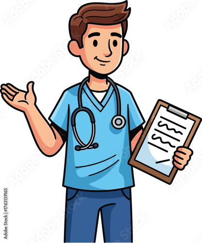 Friendly Male Cartoon Doctor or Nurse Wearing Scrubs and Stethoscope, Holding a Clipboard with Medical Notes - Vector Illustration