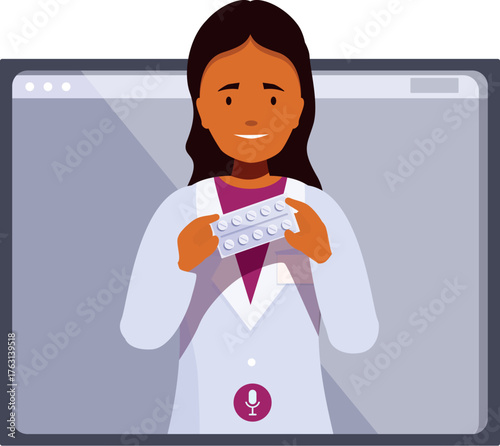 Online pharmacy doctor holding blister pack of pills during video call