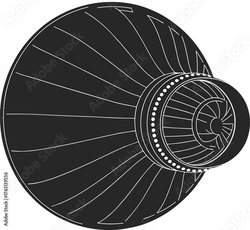Jet engine, turbofan design, front view, technical flat sketch, vector illustration, cad drawing, aerospace engineering, aviation technology, educational template
