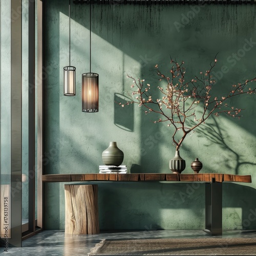 A stylish minimalist interior features a wooden console table with decorative vases, books, and pendant lights against a textured green wall.