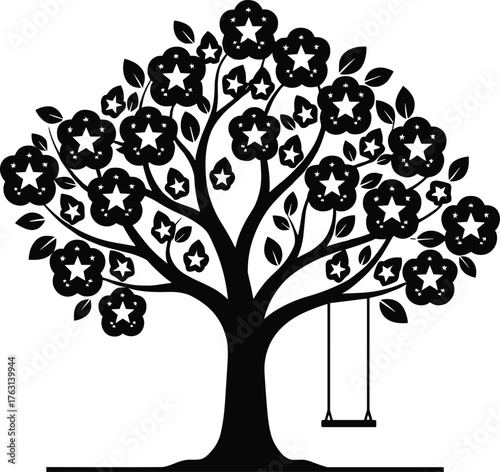 Decorative tree with swing silhouette, floral and star design, black and white art, whimsical outdoor nature scene, playful nostalgic illustration