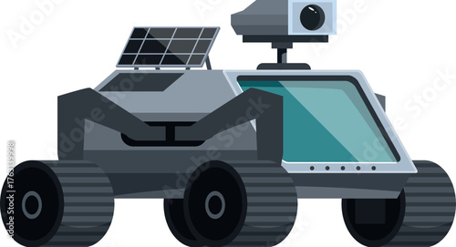 Futuristic rover traversing an alien landscape, powered by solar energy and capturing images with its advanced camera system